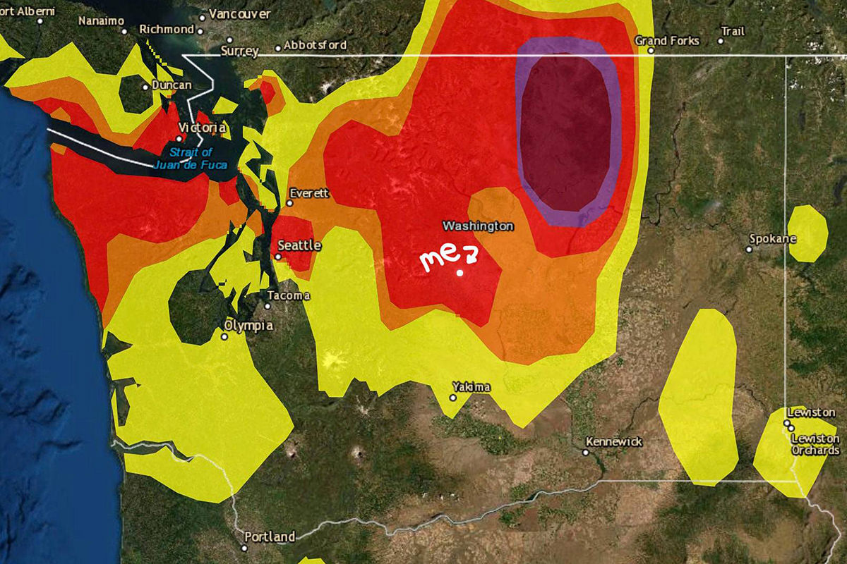 A map of Washington State with some very poor Air Quality Index numbers.