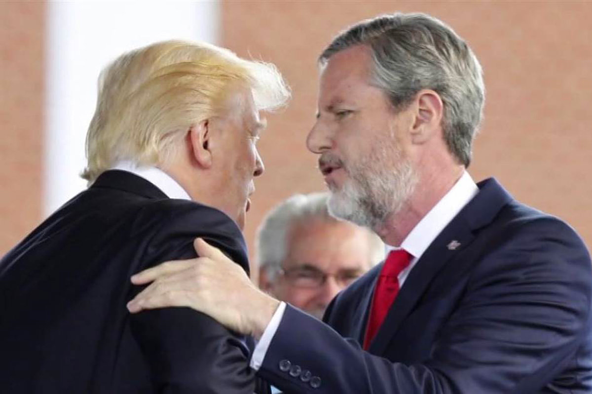 Jerry Falwell Jr. laying a hand lovingly on Impeached President Trump's shoulder while blabbering some racist, homophobic rhetoric in his ear, I'm sure.