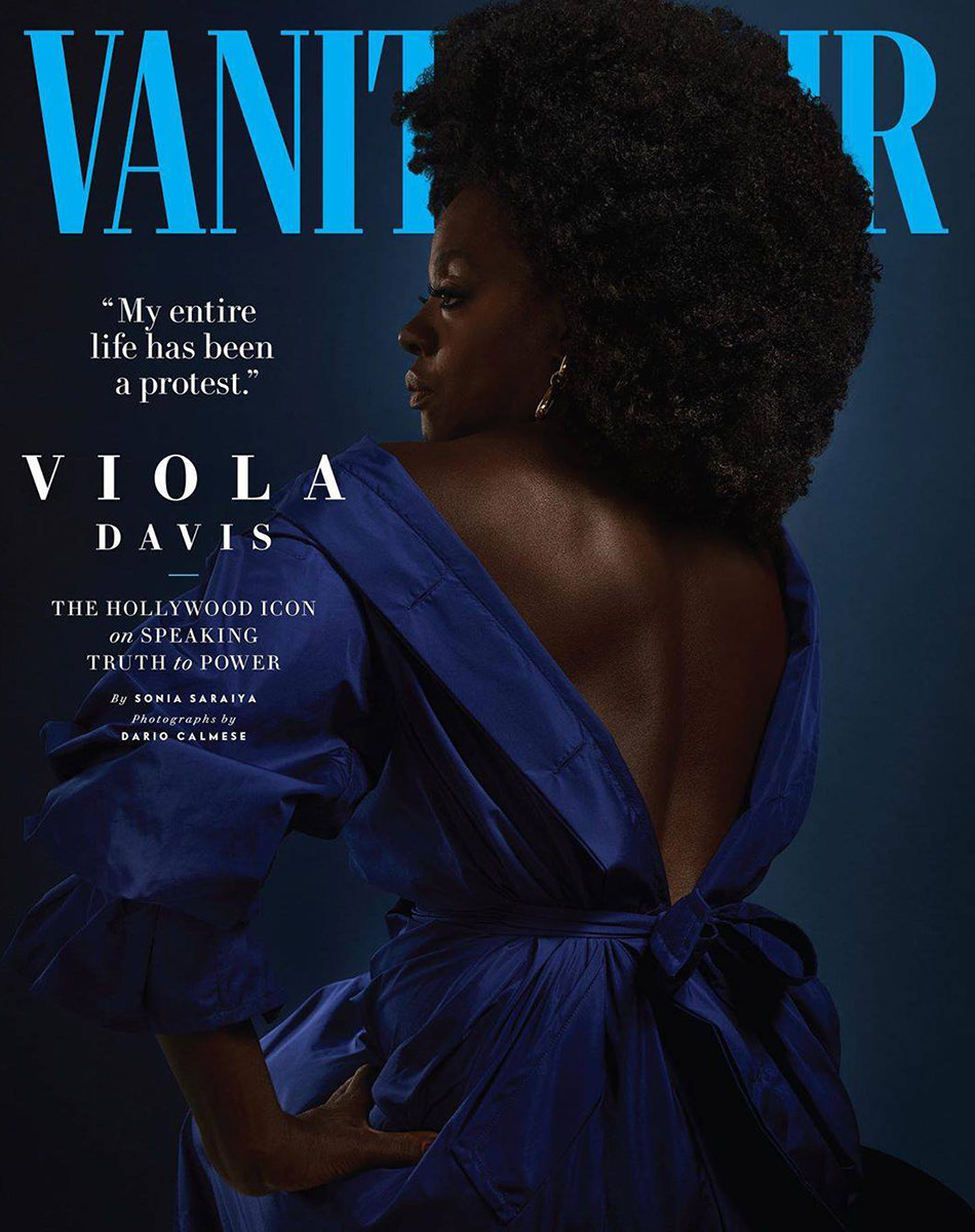 Viola Davis looking amazing shot from the back looking off to the left.