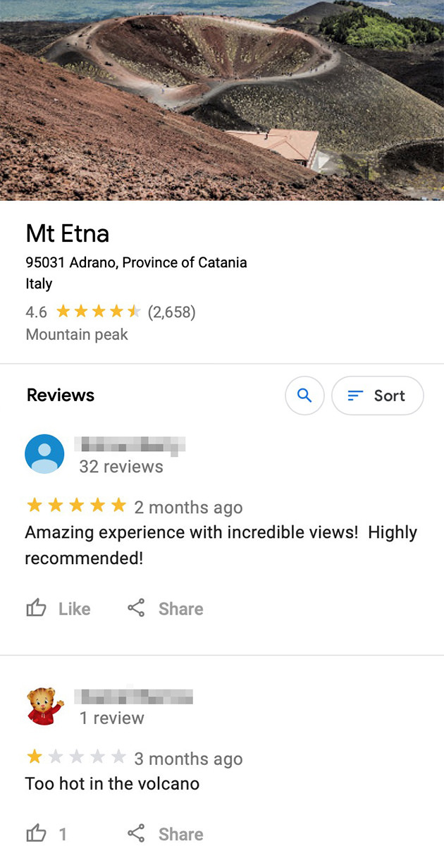 A poor review of Mt. Etna saying that it was too hot inside the volcano.