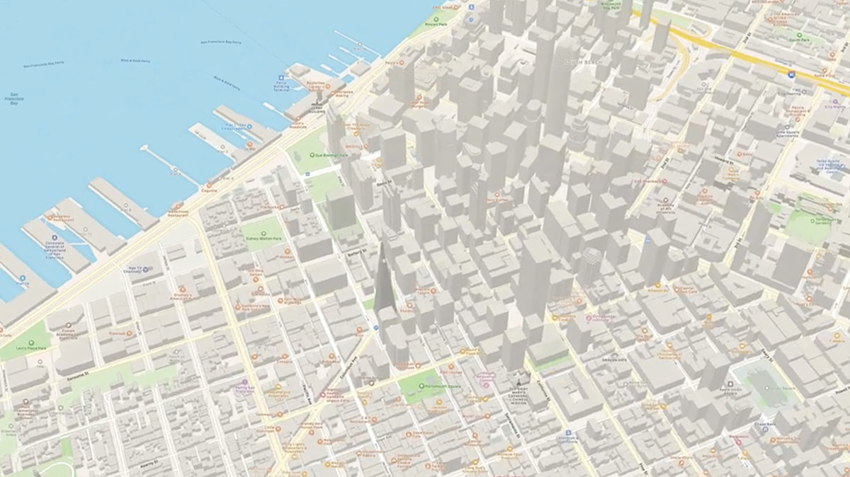 A map of downtown San Francisco on Apple Maps on iPhone.