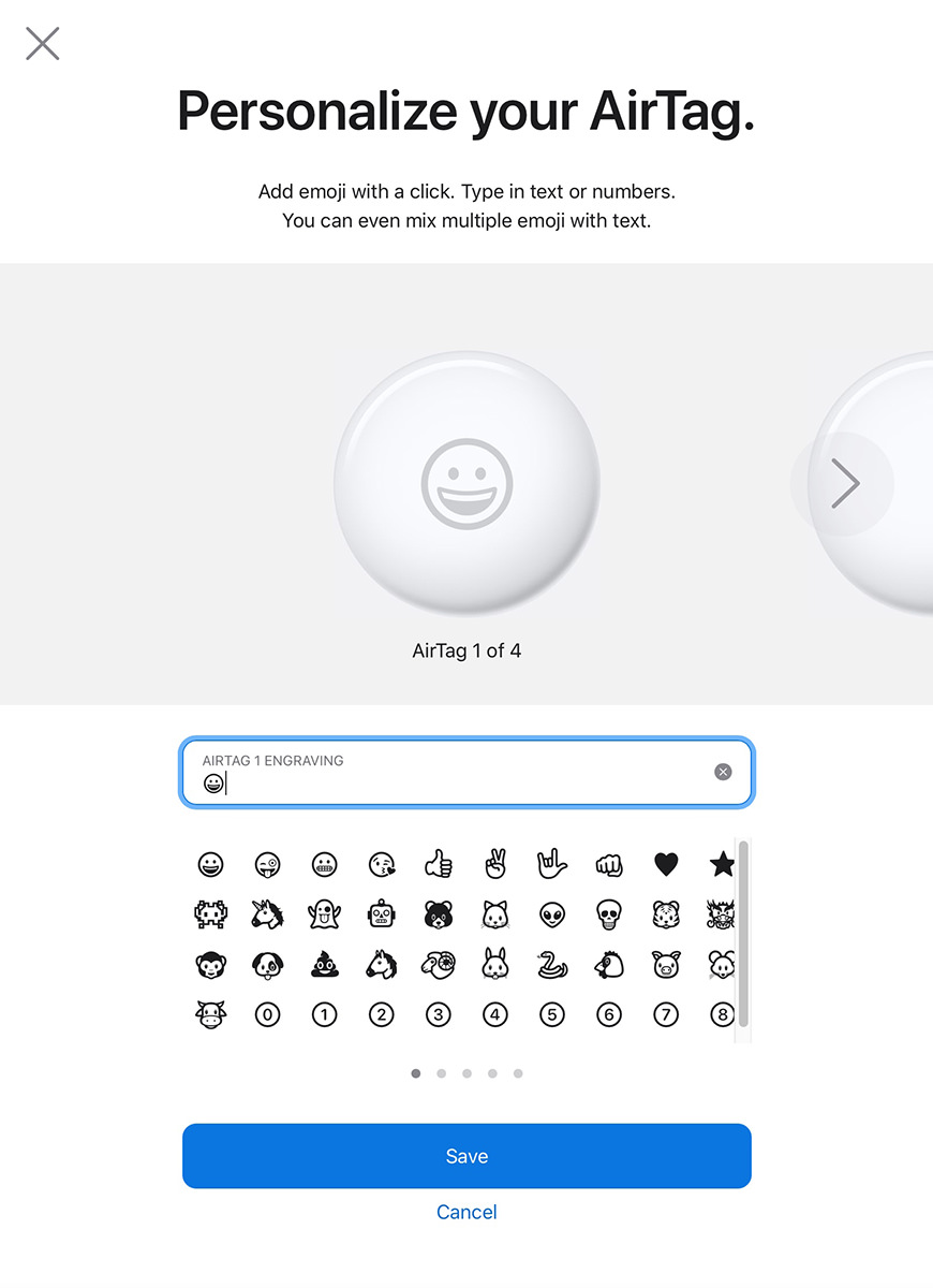 Apple's AirTag Engraving Editor... showing a big smiling emoji in the middle of an AirTag.
