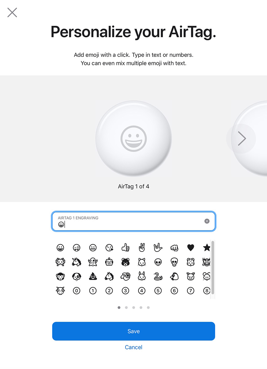 Apple's AirTag Engraving Editor... showing a big smiling emoji in the middle of an AirTag.