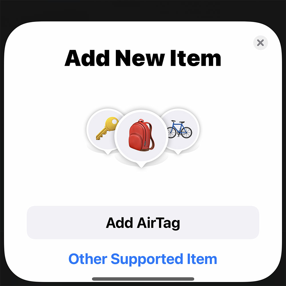 The AirTags add new item screen on my iPhone.