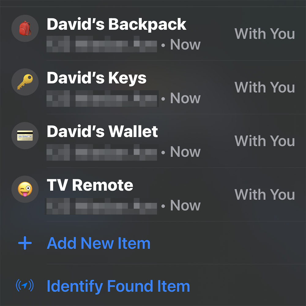 A list of my stuff in the Find My app, including Backpack, Keys, Wallet, and TV Remote.