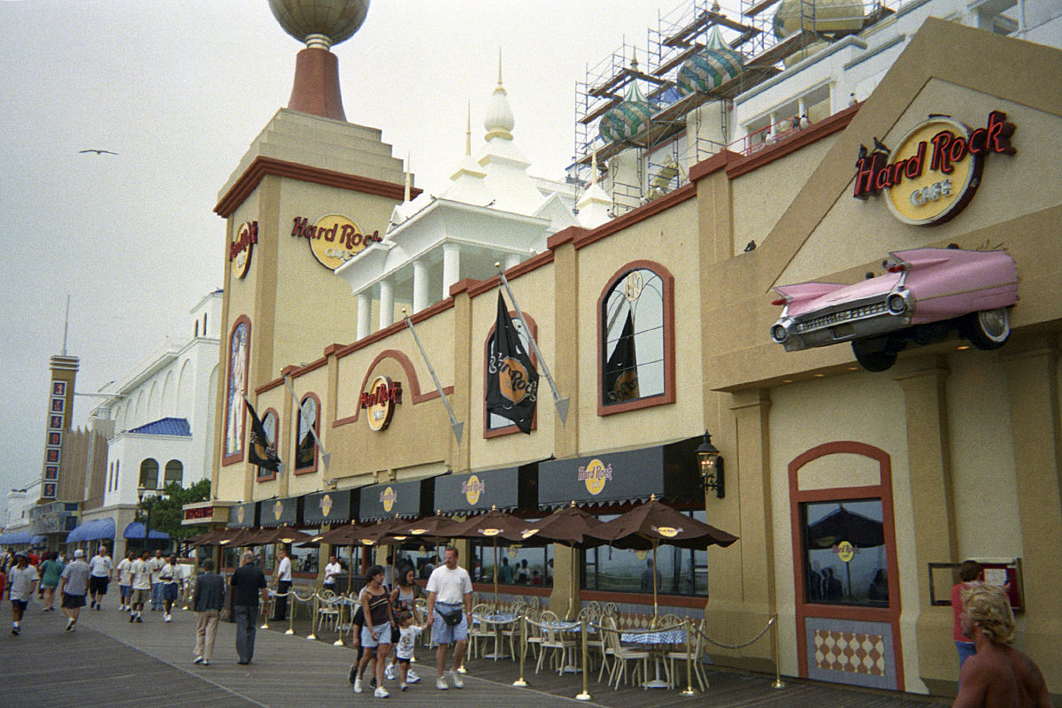 The Hard Rock Cafe Atlantic City at Trump Taj Mahal as seen looking South on the Boardwalk.