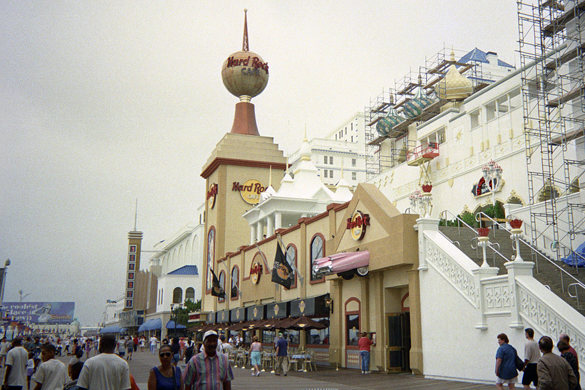 The Hard Rock Cafe Atlantic City at Trump Taj Mahal as seen looking South on the Boardwalk.