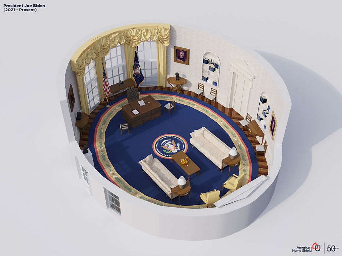 A 3-D cutaway view of The Oval Office as it has been currently decorated by President Biden.