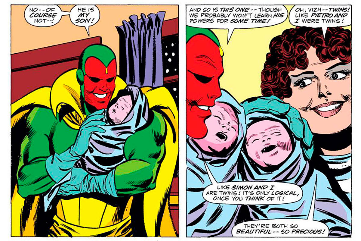 Vision and Scarlet Witch with their twin babies in the comic book.