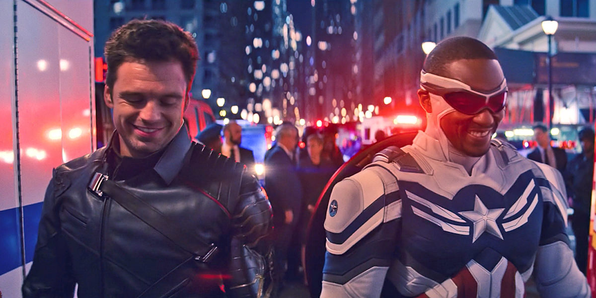 Cap and Bucky walking towards the camera, smiling.