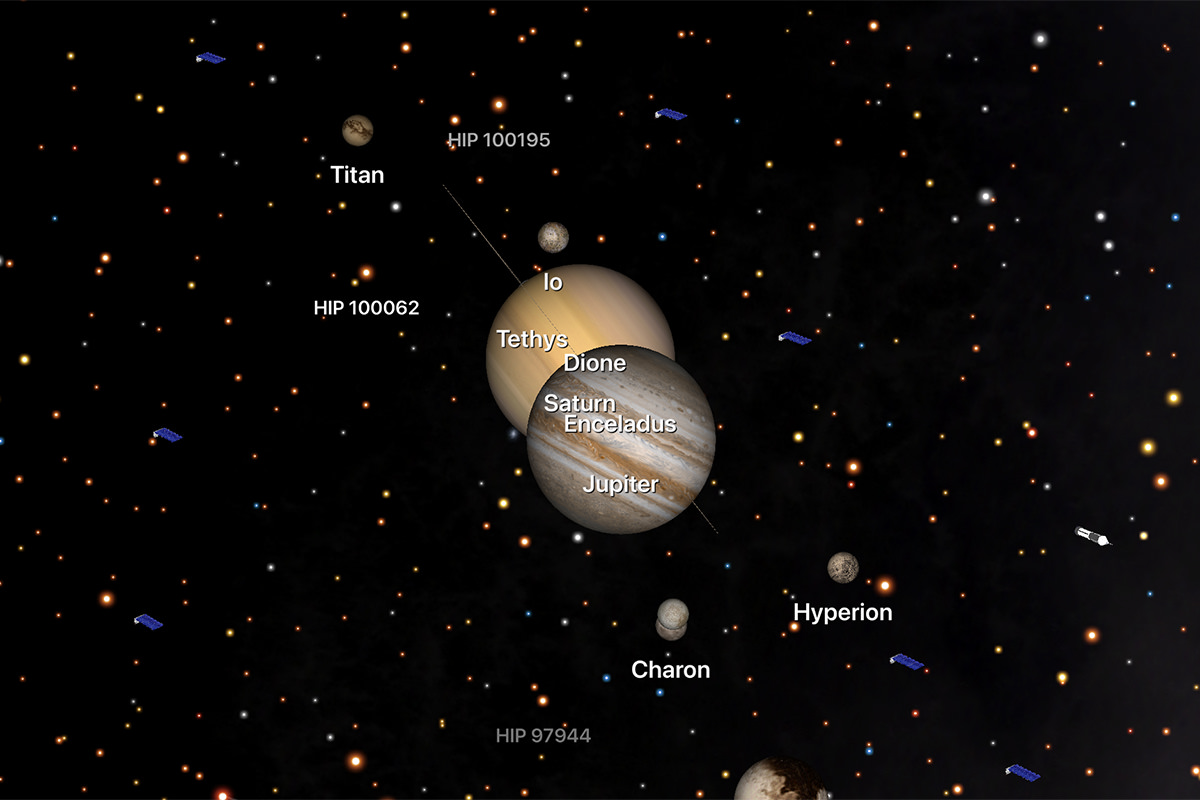 Rendition of Jupiter and Saturn converging.