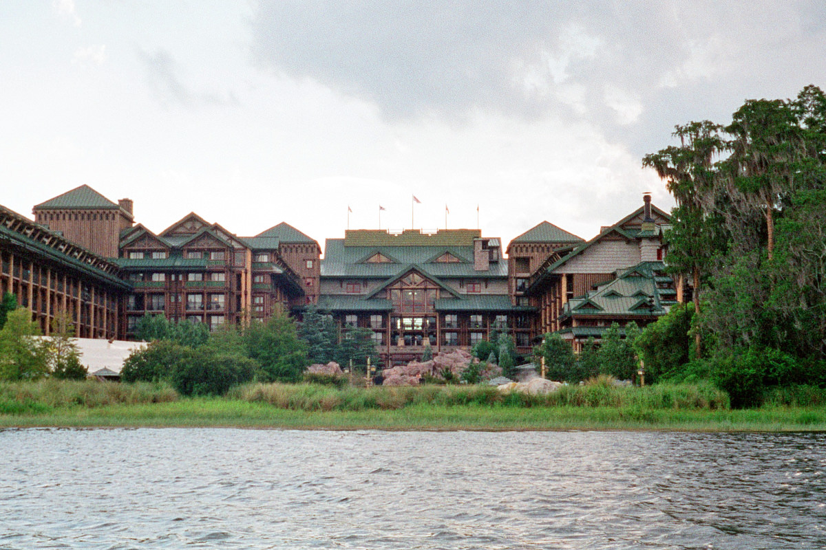 Disney's Wilderness Lodge as seen from the waters of Bay Lake.