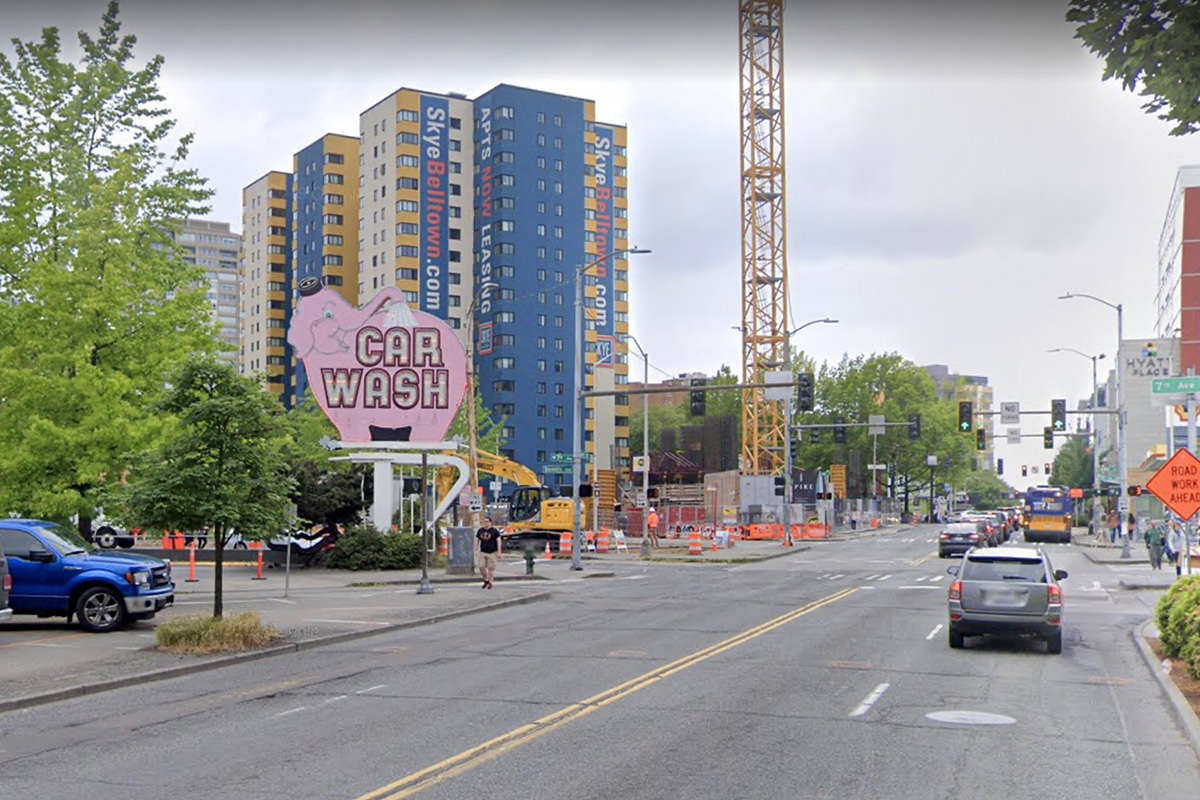 The pink elephant Car Wash sign on a Seattle street.