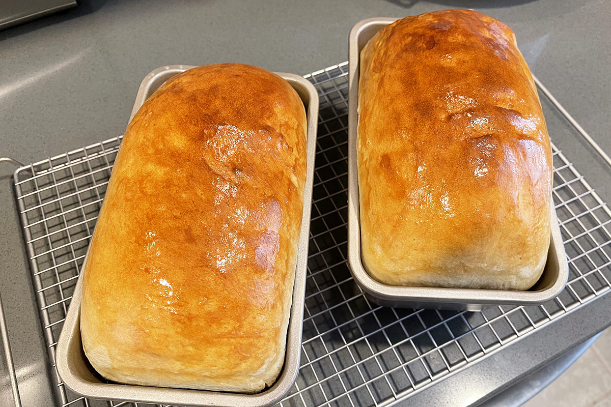 Fresh loaves of bread out of the oven and looking gorgeous.
