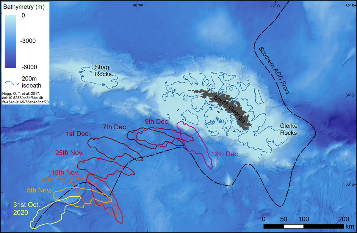 Map showing iceberg traveling to South Georgia Island.