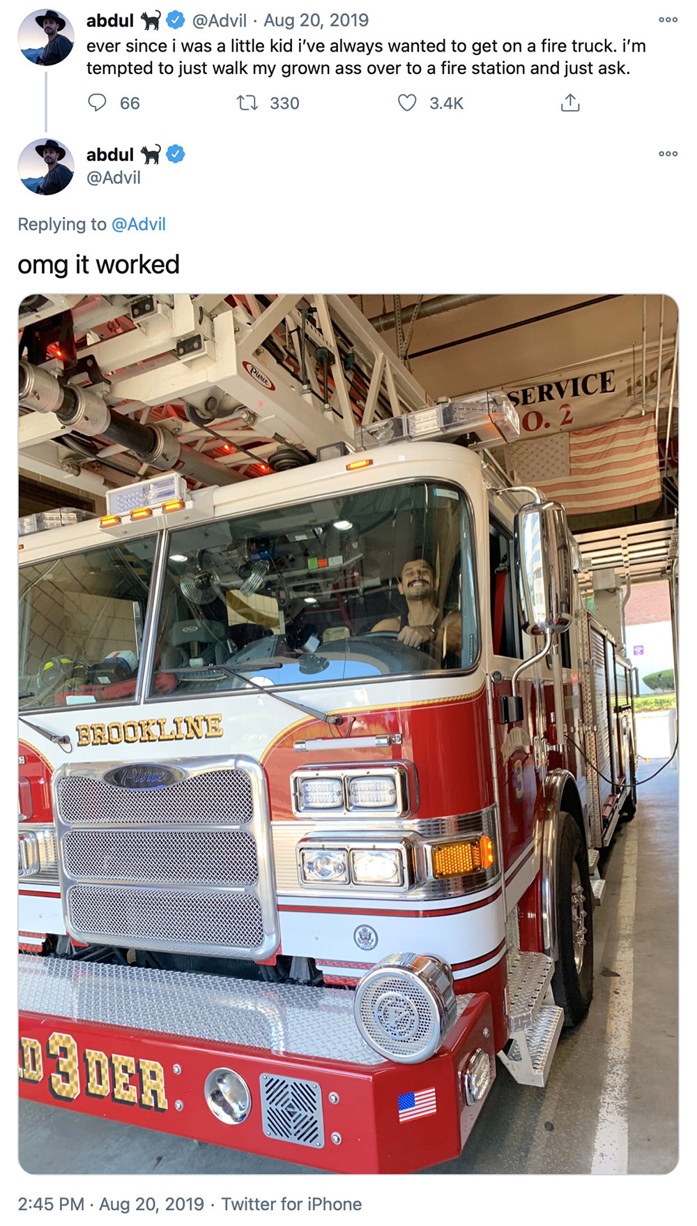 Man sitting behind the wheel of a big fire truck... the caption is: Ever since i was a little kid i’ve always wanted to get on a fire truck. i’m tempted to just walk my grown ass over to a fire station and just ask.