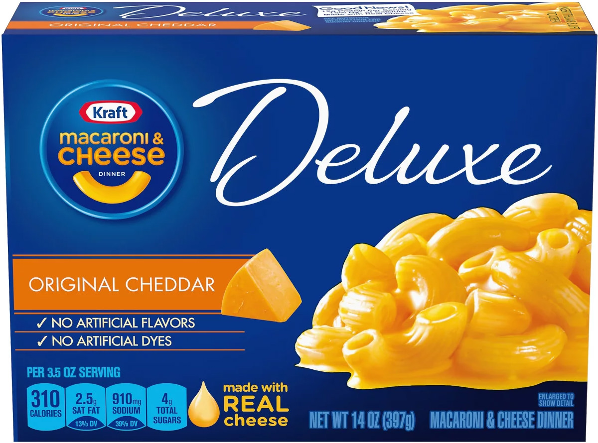 Kraft Macaroni and Cheese DELUXE boxed Kraft Dinner.