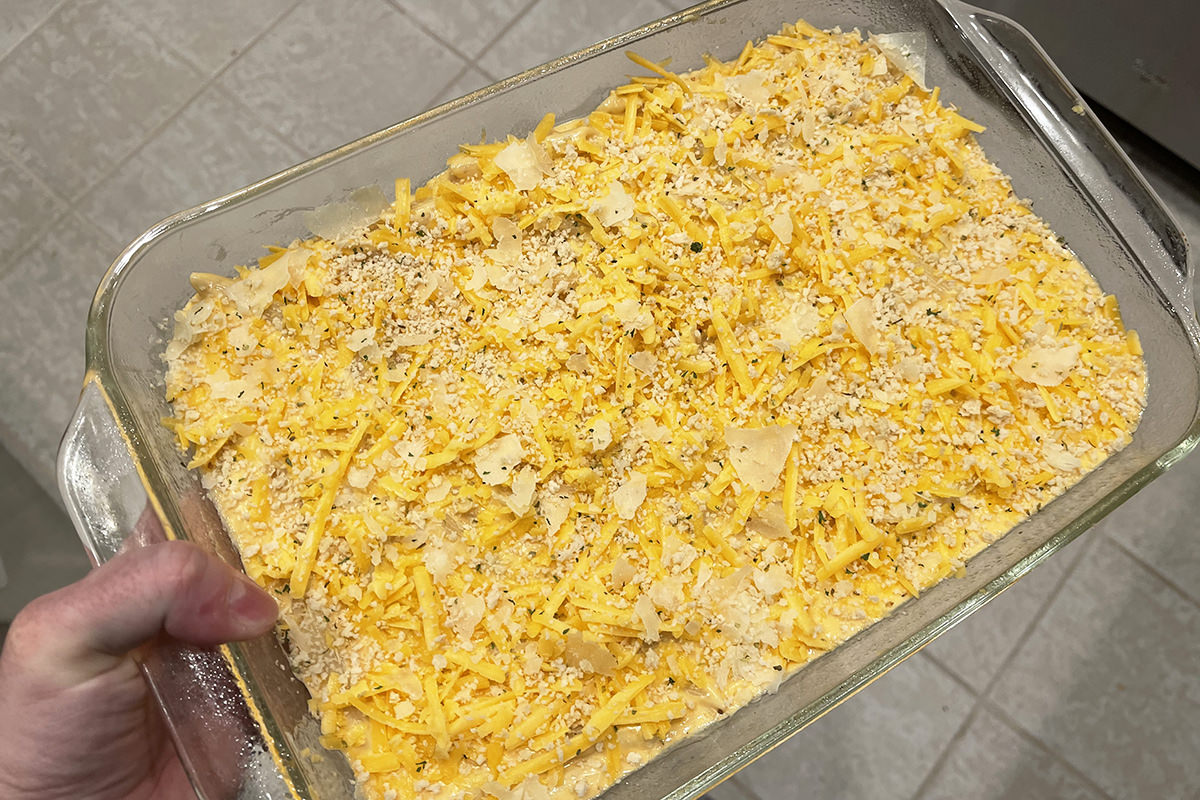 An unbaked Macaroni and Cheese.