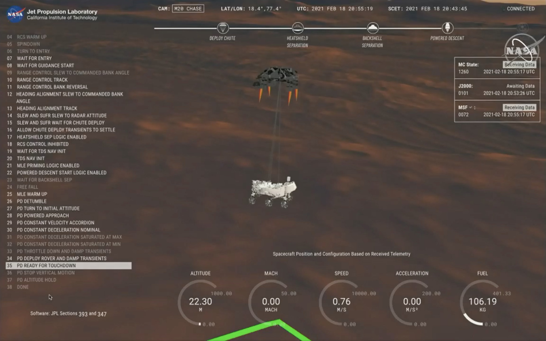 A computer rendering of  the Mars rover falling towards the red planet.