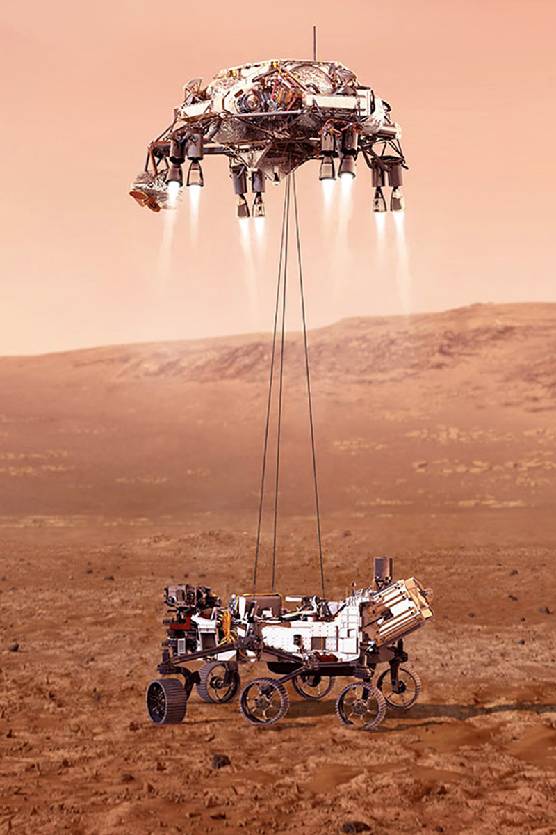 Artist rendition of the lander lowering the rover to the surface of Mars from NASA.