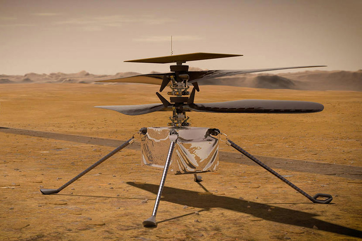 Artist rendition of the Ingenuity copter on the surface of Mars.