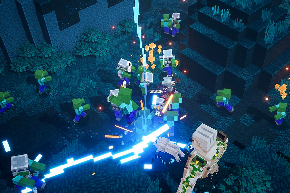 Screen capture of Minecraft Dungeons showing a battle in progress.