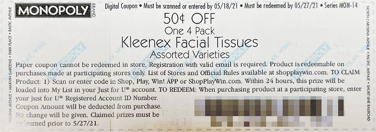 A Monopoly Game Ticket Instant Winner for Kleenex.