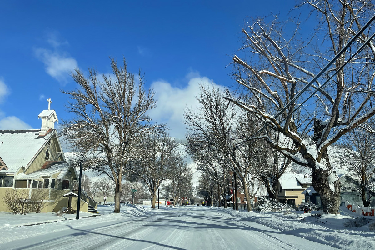 Snowy roads and blue skies on my way to work.