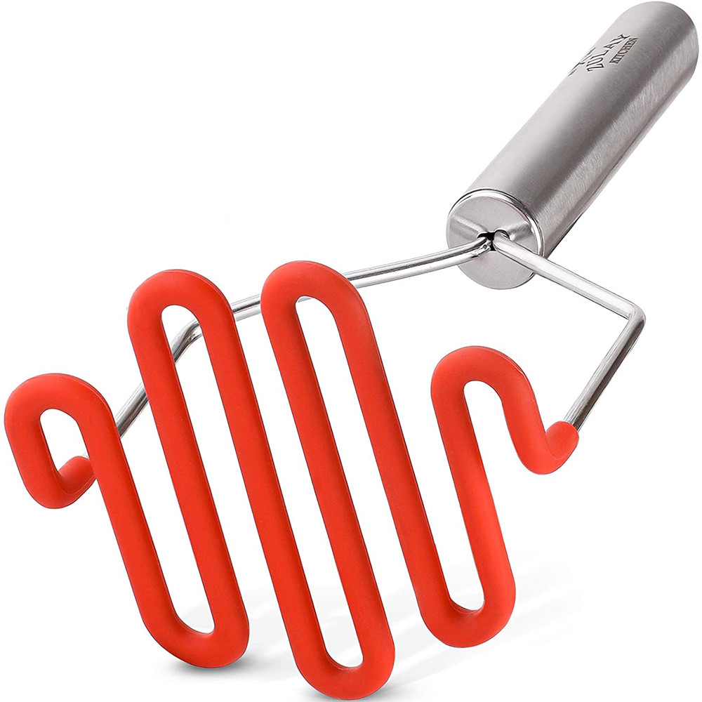 My new heavy-duty potato masher with a bright red protective silicone sleeve on it.
