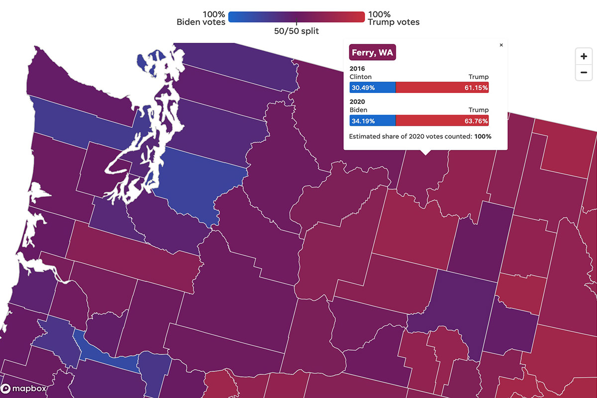 A map showing the counties in Washington State, color-coded as to how they voted.