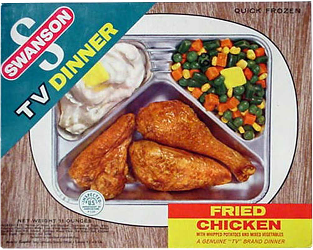 A Swanson TV dinner in aluminum tray.