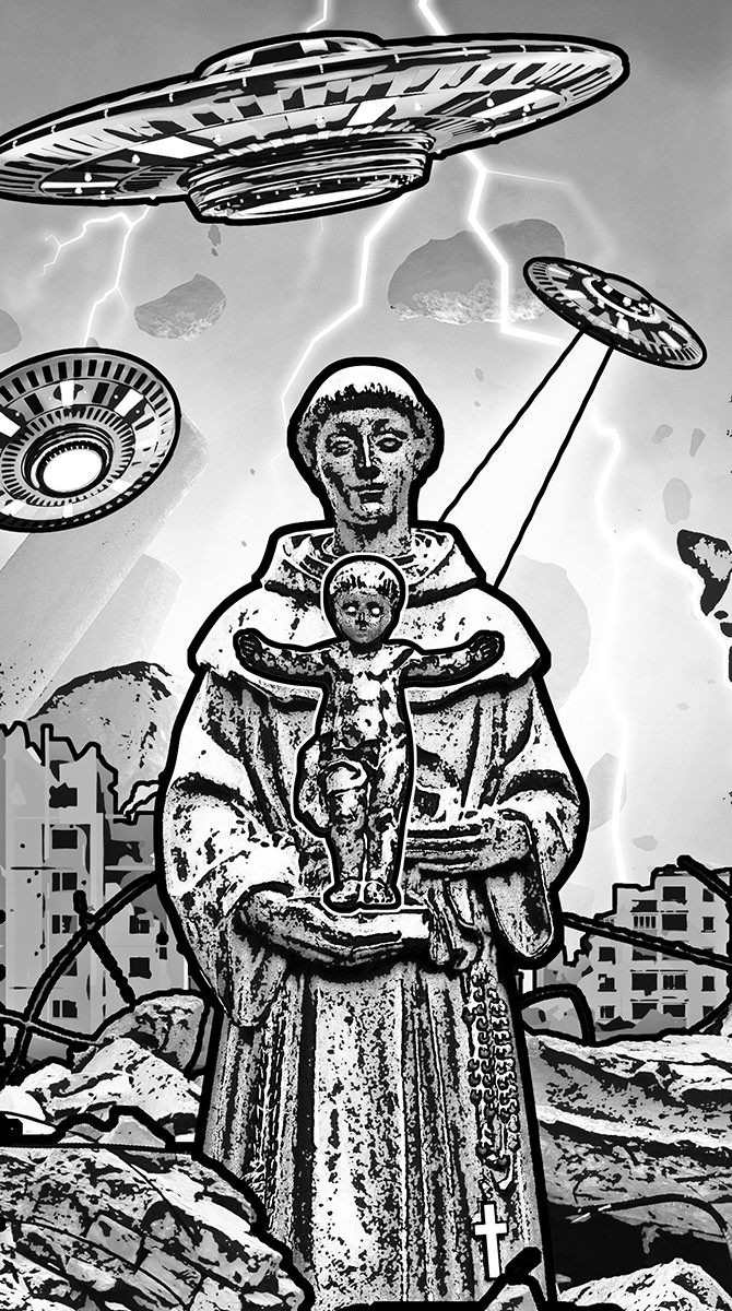 A statue of a monk holding baby Jesus (who is standing on his open hands) while an alilen invasion destroys a city in the background.