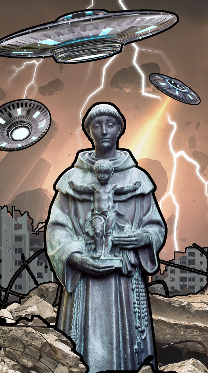 A statue of a monk holding baby Jesus (who is standing on his open hands) while an alilen invasion destroys a city in the background.