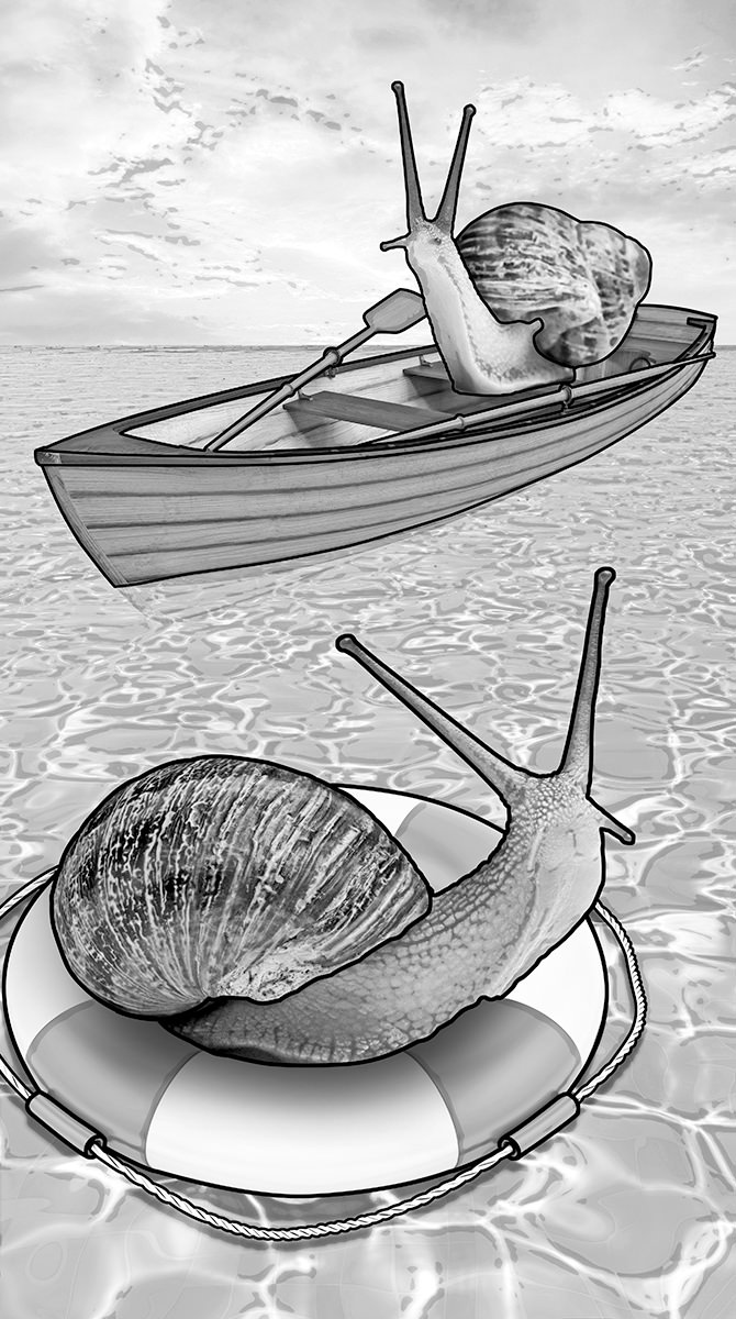 A snail is floating on a life preserver while another snail is arriving in a rowboat to save him.