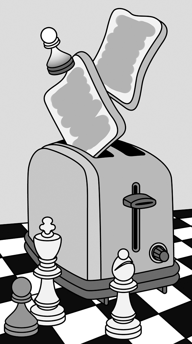 A toaster is popping out toast on a chessboard while a white pawn is also ejected, having been singed black.