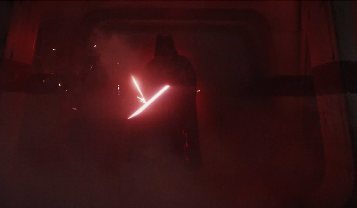 Darth Vader easily deflects the blaster fire!