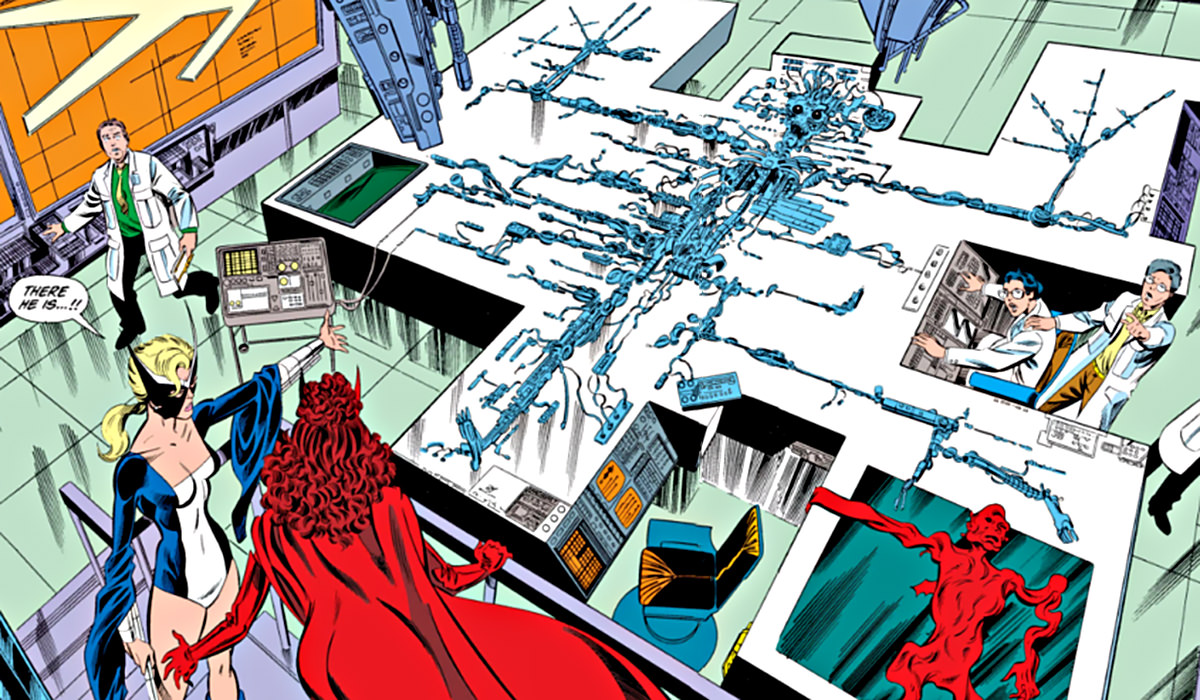 Vision all disassembled on a table in the John Byrne comics.