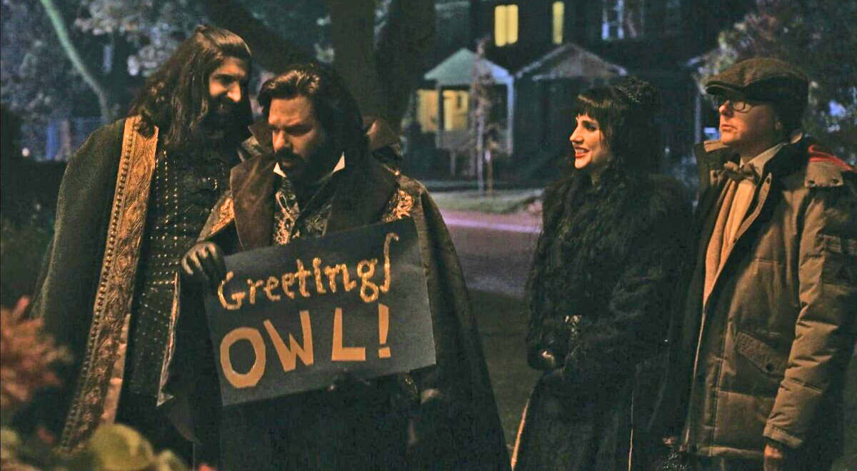 The cast of What We Do In The Shadows, consisting of vampires, shows up to a Superb Owl party.