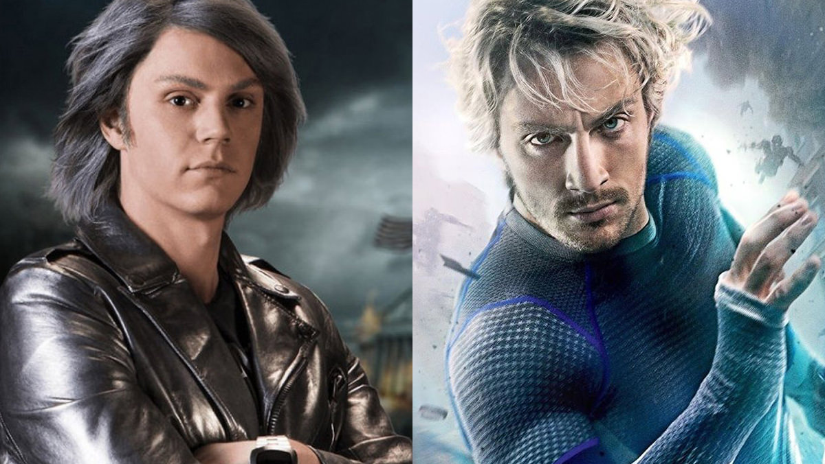 Evan Peters Quicksilver and Aaron Taylor-Johnson Quicksilver.