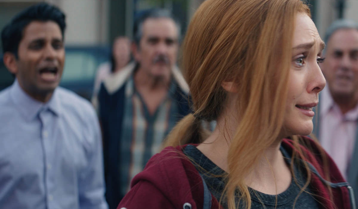 A very upset Wanda crying as she's being haunted by the people of Westview she once controlled.
