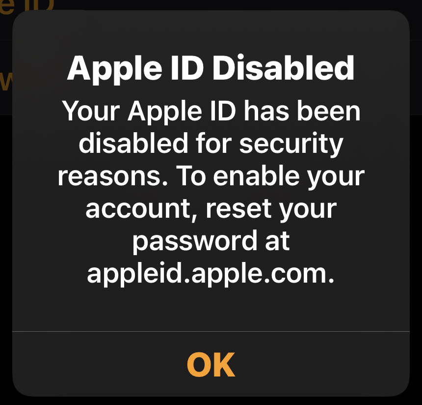 Reset your Apple ID message.