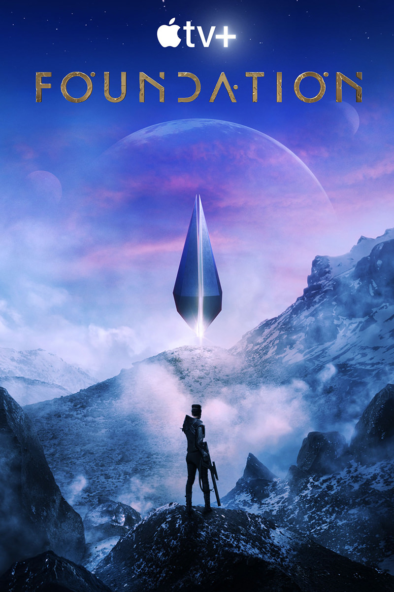 The promo poster for Foundation showing a woman with a rifle standing in front of a glowing construxt on a rough planet.