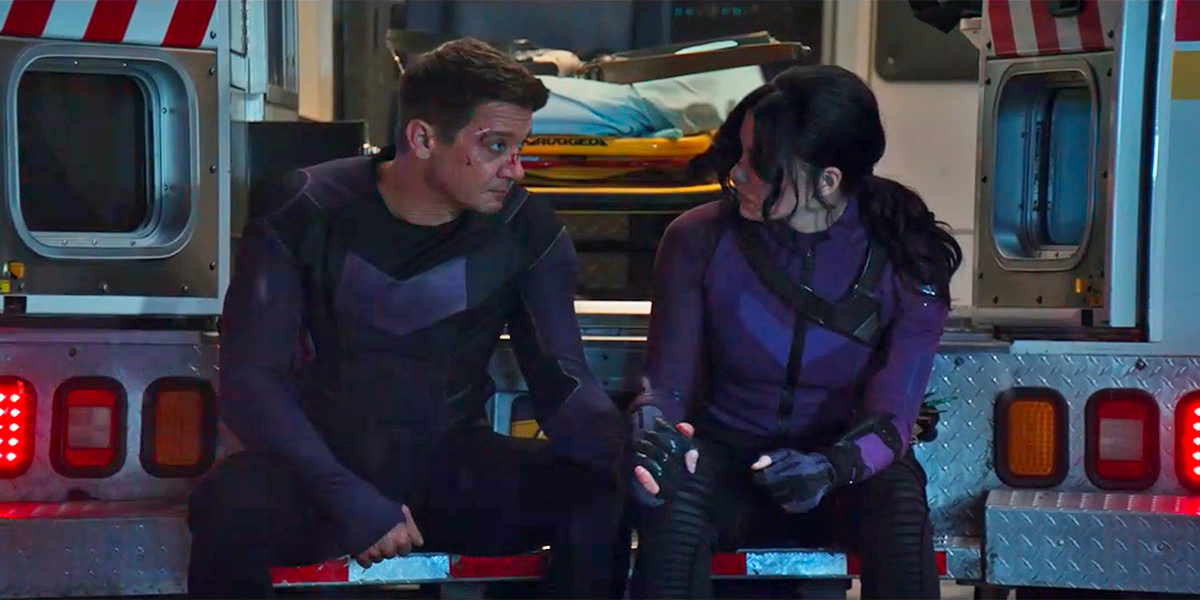 Clint and Kate Bishop in the back of an ambulance talking