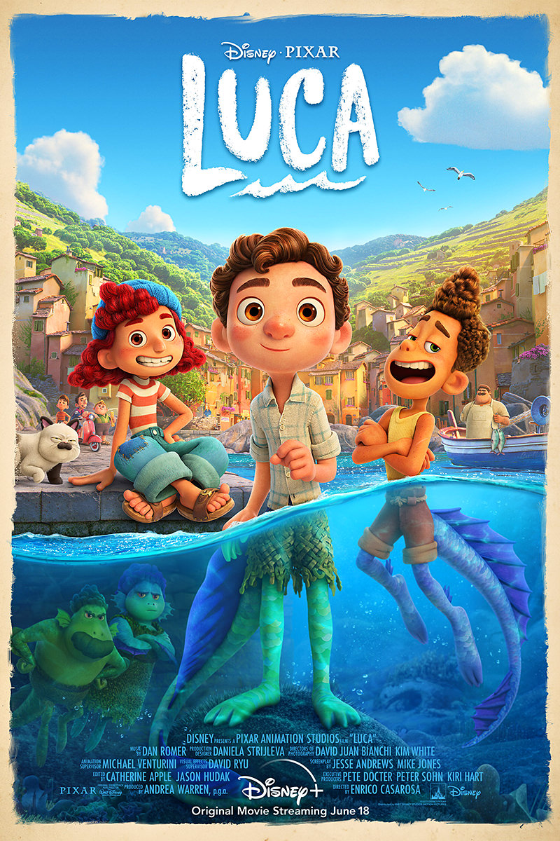 The poster for Luca showing adorable sea monsters become human once they are in the air. Half adorable human kids up top... half sea monsters under the water!