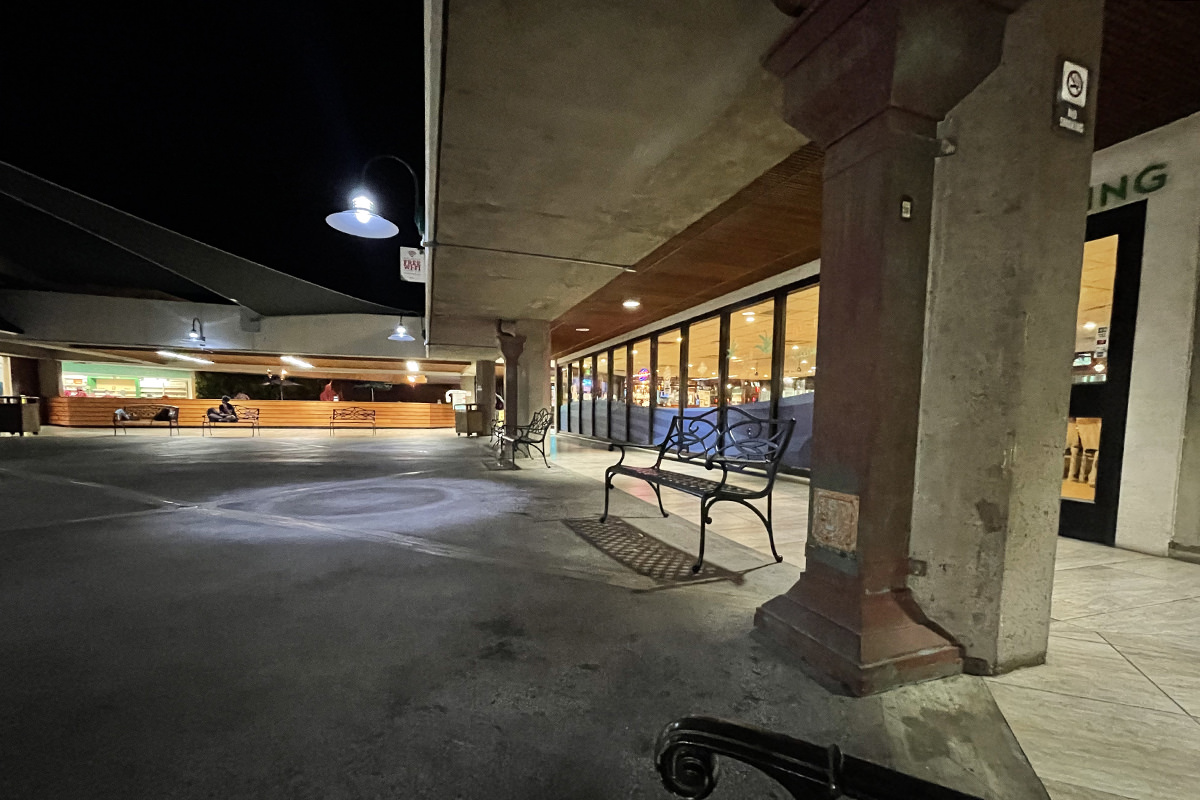 A vacant-looking Maui airport at night.