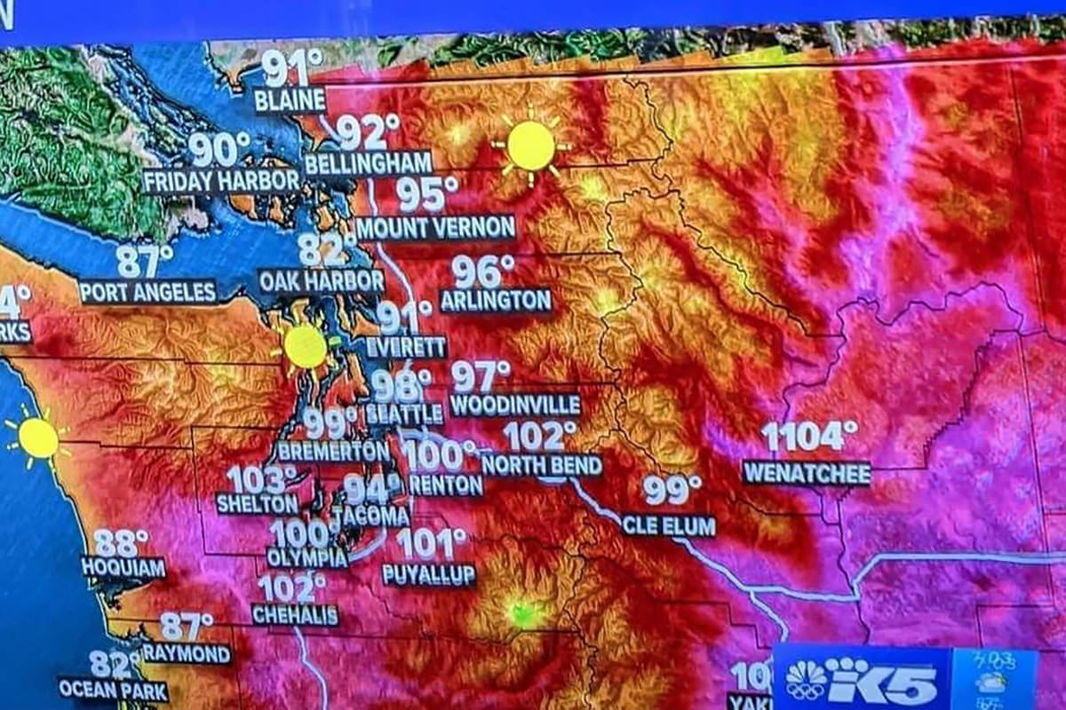 A map of Washington State with a goof showing Wenatchee as being 1104 degrees!