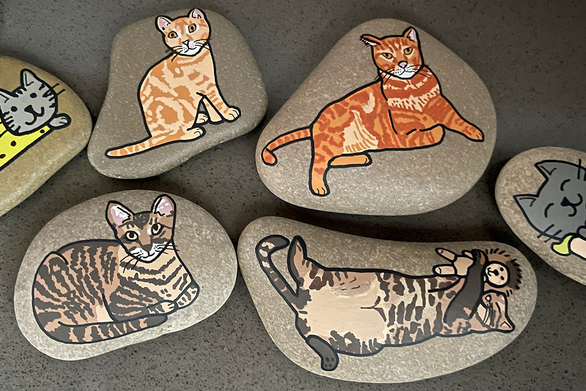 Rocks with paintings of Jake and Jenny on them.