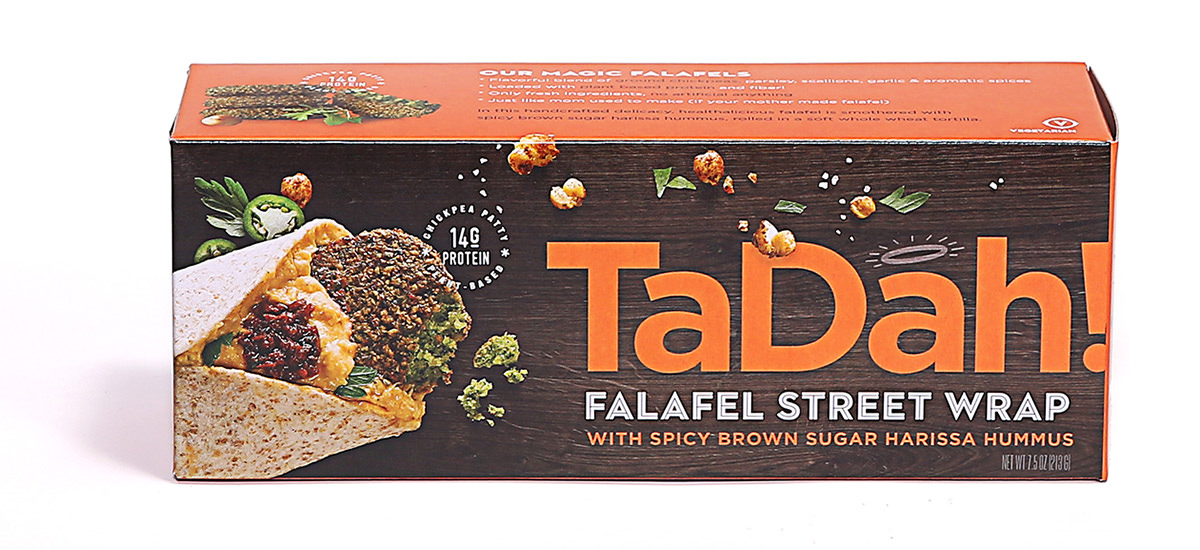 TaDah Falafel Street Wrap Box — Spicy Brown Sugar and Harissa Hummus.