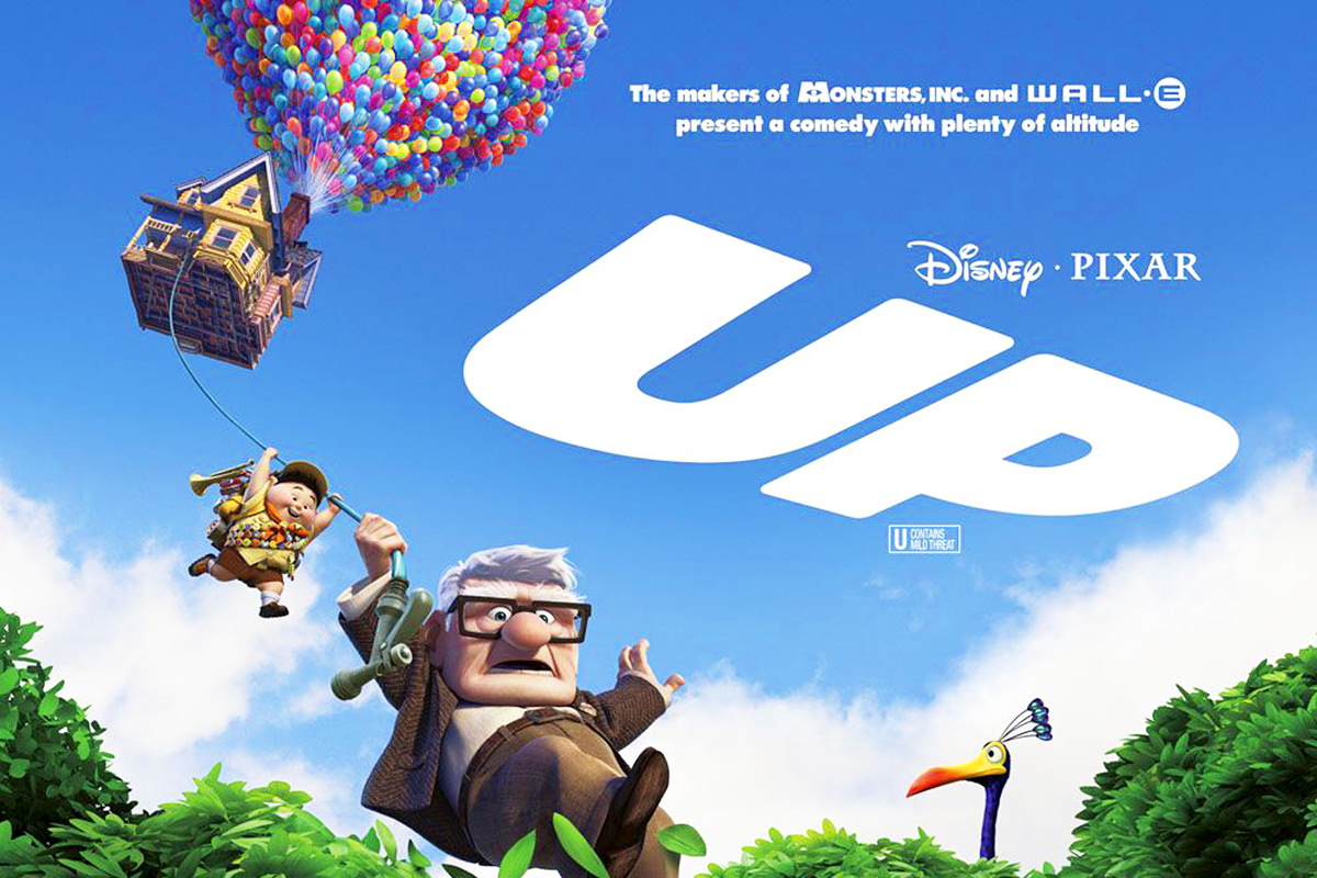 The poster for Disney/Pixar's UP... showing an old man dangling from a rope that's hanging out of a house suspended in the air by thousands of balloons.