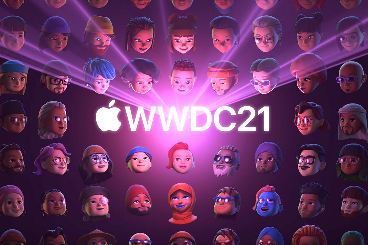 The WWDC logo showing a purple glow while a diverse collection of Memoji Characters bask in the light!